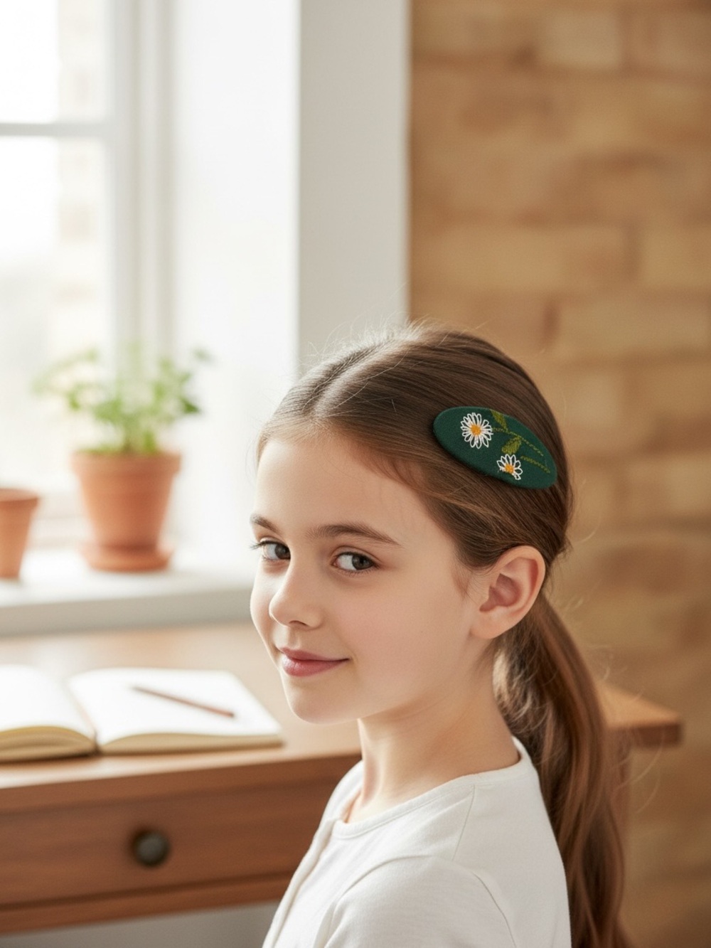 Embroidered Daisy Hair Clip | Forest Green Floral Snap Barrette